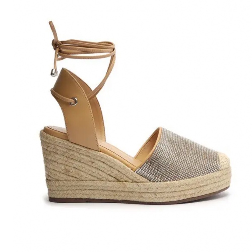 Schutz Celinah Wedge Sandal Tan Leather Rhinestone Espadrille Lace Up Nude 9B